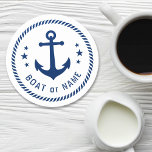 Boat or Name Vintage Anchor Stars Rope Blue White Round Paper Coaster<br><div class="desc">A stylish nautical round coaster set with your personalized name,  boat name or other desired text. Features a custom vintage ship anchor with stars and rope design. In beautiful navy blue on a white base or easily customize the base color to match your current decor or theme.</div>
