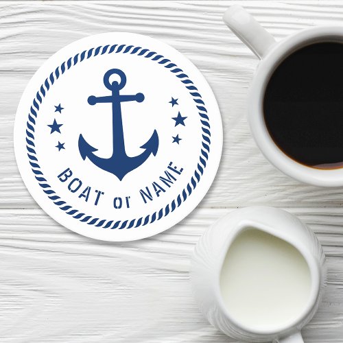 Boat or Name Vintage Anchor Stars Rope Blue White Round Paper Coaster