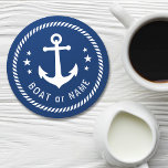 Boat or Name Vintage Anchor Stars Rope Navy Blue Round Paper Coaster<br><div class="desc">A stylish nautical round coaster set with your personalized name,  boat name or other desired text. Features a custom vintage ship anchor with stars and rope design. White on beautiful navy blue or easily customize the base color to match your current decor or theme.</div>