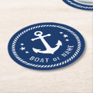 Boat or Name Vintage Anchor Stars Rope Navy Blue Round Paper Coaster Boat or Name Vintage Anchor Stars Rope Navy Blue Round Paper Coaster