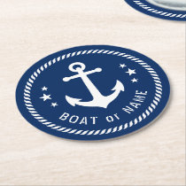 Boat or Name Vintage Anchor Stars Rope Navy Blue Round Paper Coaster Boat or Name Vintage Anchor Stars Rope Navy Blue Round Paper Coaster