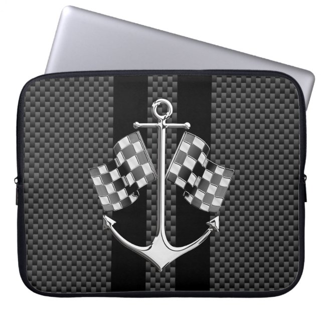 Boat Racing Nautical Checkered Carbon Fiber Style Laptop Sleeve (Front)