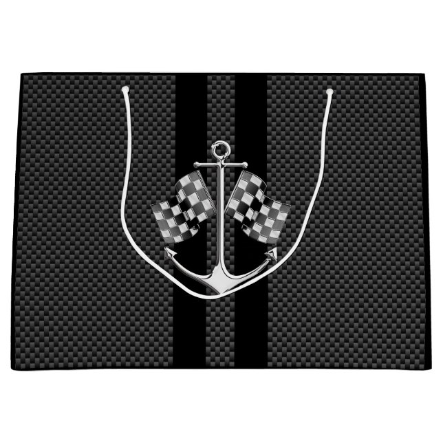 Boat Racing Nautical Checkered Carbon Fiber Style Large Gift Bag (Front)