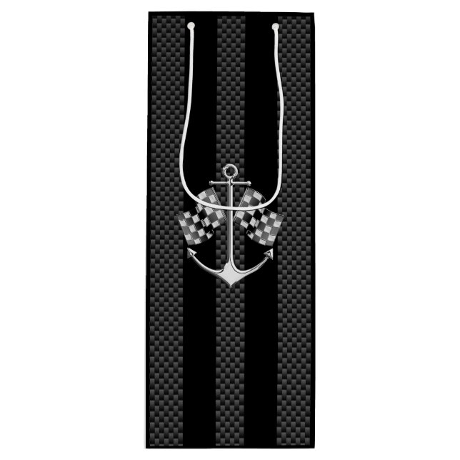 Boat Racing Nautical Checkered Carbon Fiber Style Wine Gift Bag (Front)