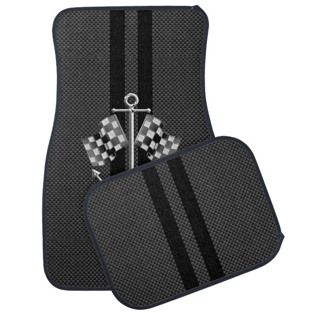 Boat Racing Nautical in Black Carbon Fiber Style Car Mat (Set)