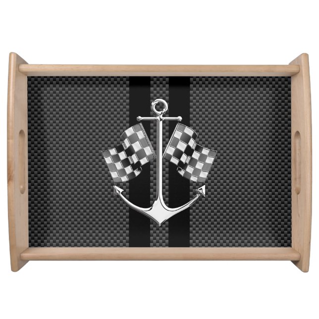 Boat Racing Nautical in Black Carbon Fiber Style Serving Tray (Front)