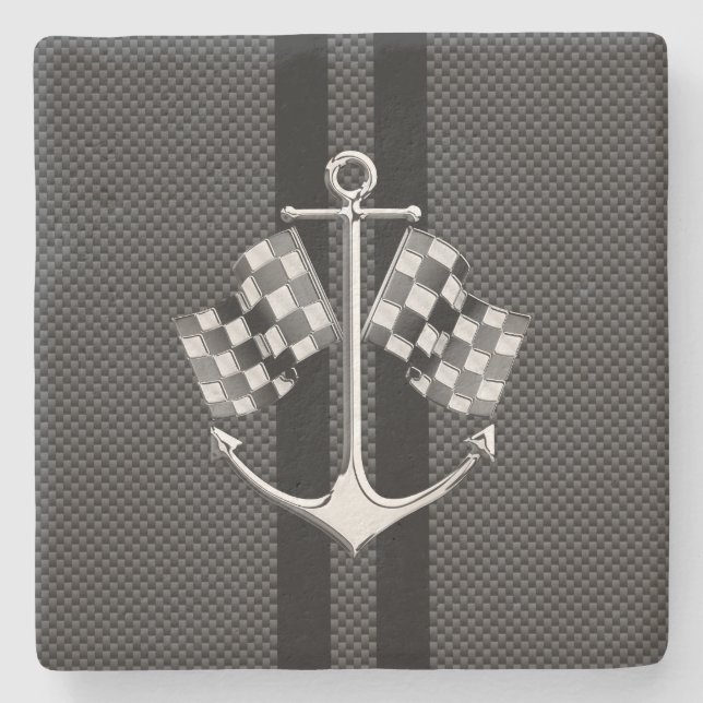 Boat Racing Nautical in Black Carbon Fiber Style Stone Coaster (Front)
