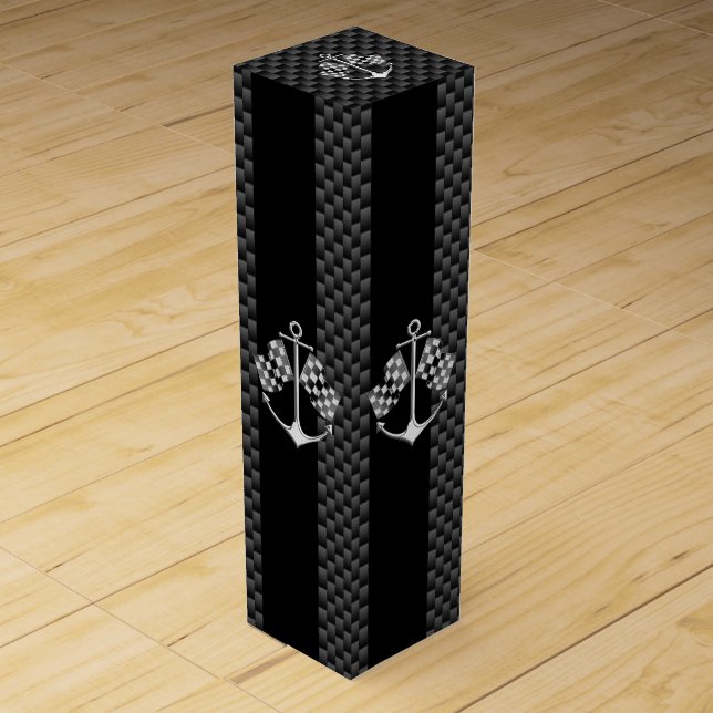 Boat Racing Nautical in Black Carbon Fiber Style Wine Box (Front)