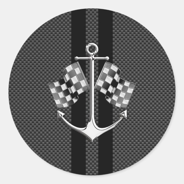 Boat Racing Nautical in Carbon Fiber Style Classic Round Sticker (Front)