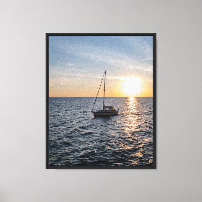 Boat Sailing into Sunset Stretched Canvas Print (Front)