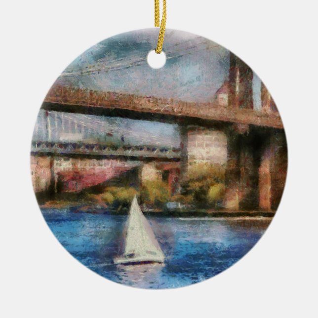 Boat - Sailing under the Brooklyn Bridge Ceramic Ornament (Front)