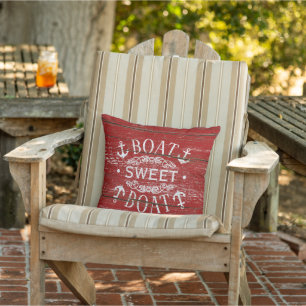 Boat Sweet Boat Quote And Anchor On Red Woodgrain Outdoor Pillow