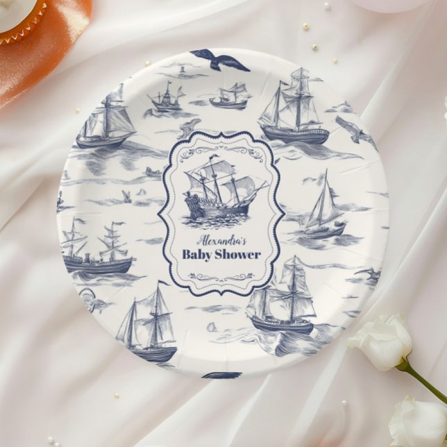 Boat  Toile Nautical Baby Shower Paper Plates (Creator Uploaded)