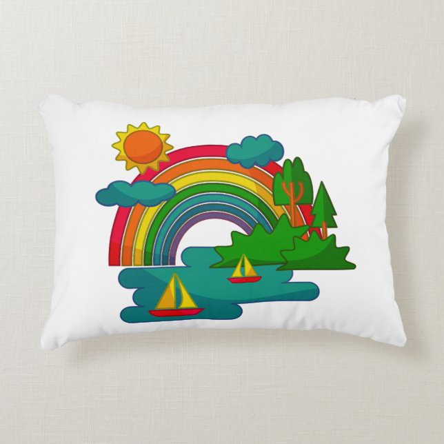 Boat travel landscape under sun clouds and rainbow accent pillow (Front)