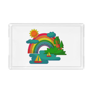 Boat travel landscape under sun clouds and rainbow acrylic tray