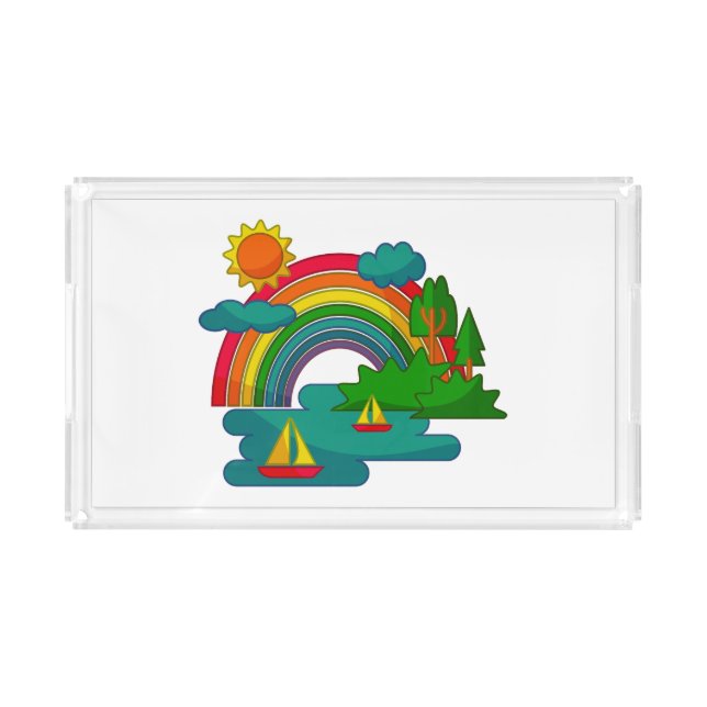 Boat travel landscape under sun clouds and rainbow acrylic tray (Front)