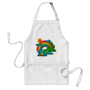 Boat travel landscape under sun clouds and rainbow adult apron