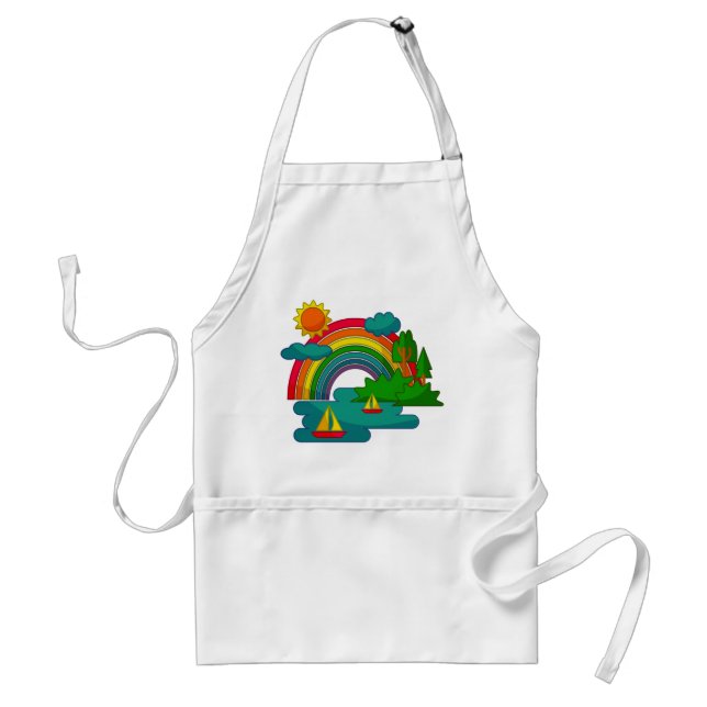 Boat travel landscape under sun clouds and rainbow adult apron (Front)