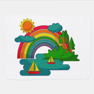 Boat travel landscape under sun clouds and rainbow baby blanket