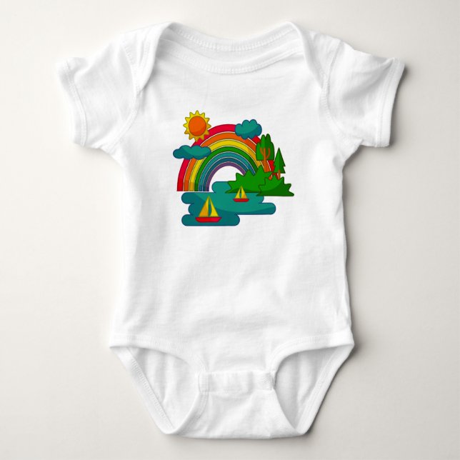 Boat travel landscape under sun clouds and rainbow baby bodysuit (Front)