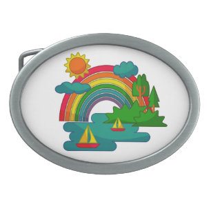 Boat travel landscape under sun clouds and rainbow belt buckle