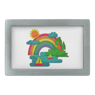 Boat travel landscape under sun clouds and rainbow belt buckle