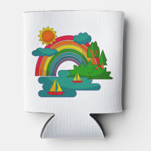 Boat travel landscape under sun clouds and rainbow can cooler