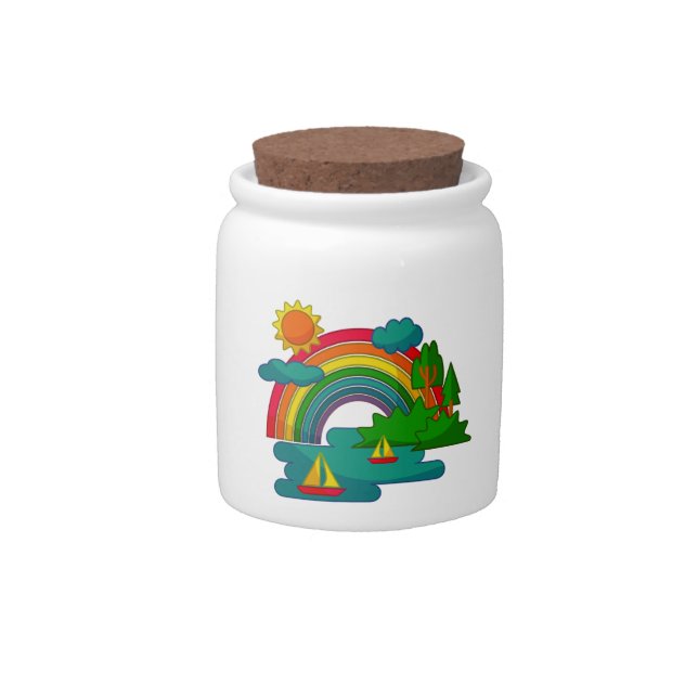 Boat travel landscape under sun clouds and rainbow candy jar (Front)