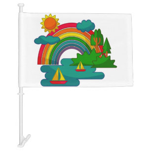 Boat travel landscape under sun clouds and rainbow car flag