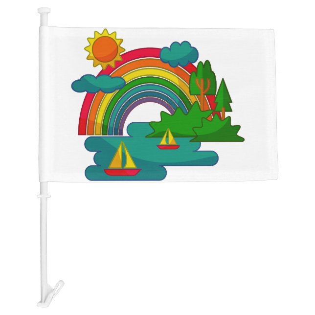 Boat travel landscape under sun clouds and rainbow car flag (Front)