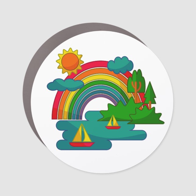 Boat travel landscape under sun clouds and rainbow car magnet (Front)