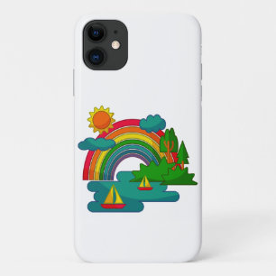 Boat travel landscape under sun clouds and rainbow iPhone 11 case