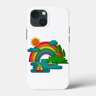 Boat travel landscape under sun clouds and rainbow iPhone 13 mini case