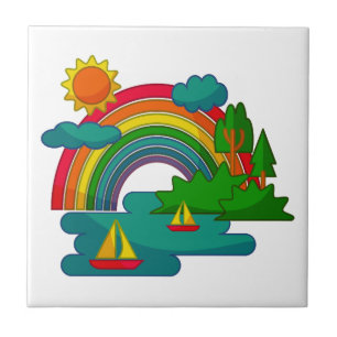 Boat travel landscape under sun clouds and rainbow ceramic tile