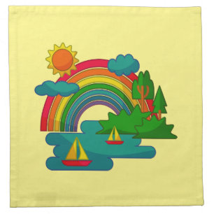 Boat travel landscape under sun clouds and rainbow cloth napkin