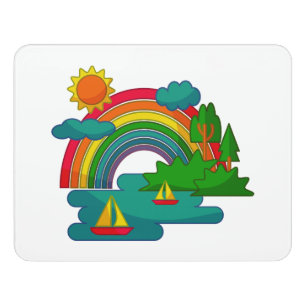 Boat travel landscape under sun clouds and rainbow door sign