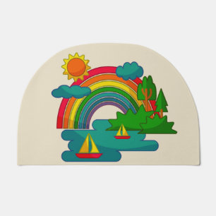 Boat travel landscape under sun clouds and rainbow doormat