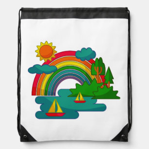 Boat travel landscape under sun clouds and rainbow drawstring bag