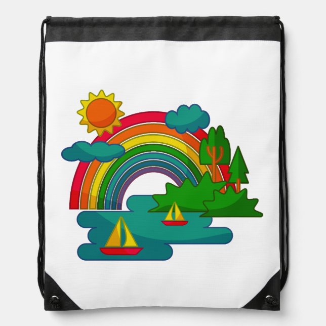 Boat travel landscape under sun clouds and rainbow drawstring bag (Front)