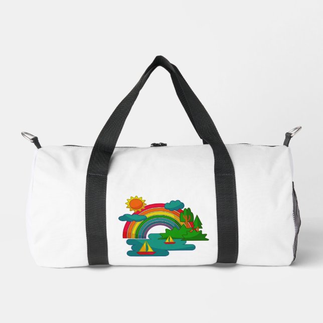Boat travel landscape under sun clouds and rainbow duffle bag (Front)