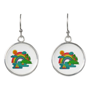 Boat travel landscape under sun clouds and rainbow earrings