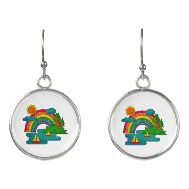 Boat travel landscape under sun clouds and rainbow earrings (Front)