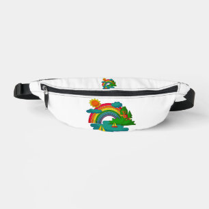Boat travel landscape under sun clouds and rainbow fanny pack