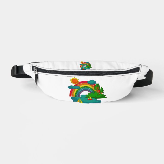 Boat travel landscape under sun clouds and rainbow fanny pack (Front)