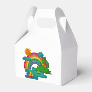 Boat travel landscape under sun clouds and rainbow favor boxes