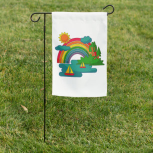 Boat travel landscape under sun clouds and rainbow garden flag