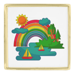Boat travel landscape under sun clouds and rainbow gold finish lapel pin