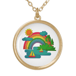 Boat travel landscape under sun clouds and rainbow gold plated necklace