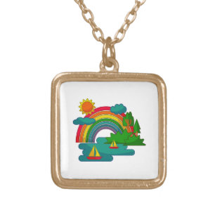 Boat travel landscape under sun clouds and rainbow gold plated necklace