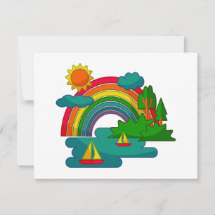 Boat travel landscape under sun clouds and rainbow holiday card